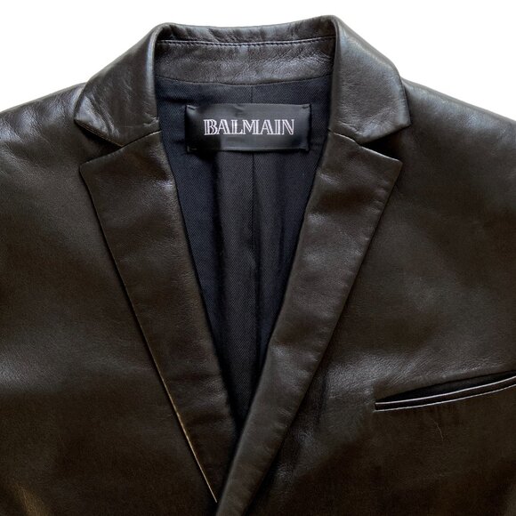 BALMAIN BLACK LEATHER DOUBLE BREASTED BLAZER JACKET 42 FR 10 US - Picture 2 of 6